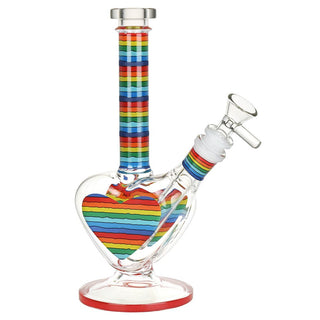 Rainbow Striped Heart Glass Water Pipe - 8.5" / 14mm F - Horny Stoner