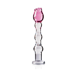 Icicles No. 12 Glass Massager with Rose Head Pink/Clear - Horny Stoner