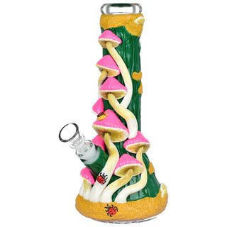 Mushroom Madness Glow in Dark Glass Beaker Water Pipe - 10" /14mm F/ Colors Vary - Horny Stoner