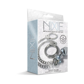Nixie Metal Butt Plug & Handcuffs Set Silver - Horny Stoner