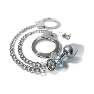 Nixie Metal Butt Plug & Handcuffs Set Silver - Horny Stoner