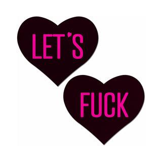 Pastease Love: Let's Fuck Black Heart on Neon Pink Base Nipple Pasties - Horny Stoner