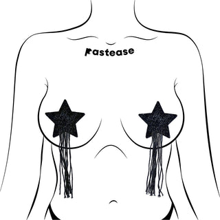 Tassel Pasties: Black Sparkle Star Pastease with Long Fringe Nipple Pasties - Horny Stoner