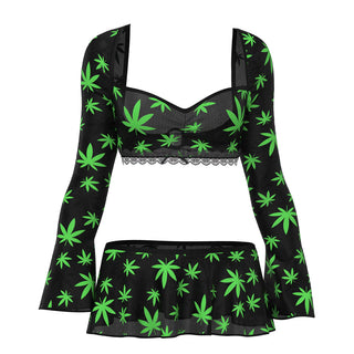 Magic Silk Hazy Dayz Crop Top, Skirt & G-String Set Pot Leaf - Horny Stoner