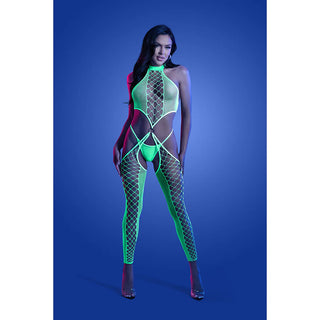 Fantasy Lingerie Glow High Voltage UV Reactive High Neck Bodystocking & G-String Panty - Horny Stoner