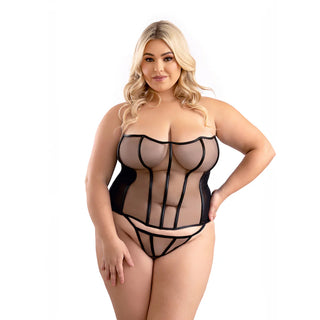 Fantasy Lingerie Leatherette Binding Mesh Corset with Matching G-String Panty - Horny Stoner