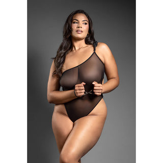 Fantasy Lingerie Domina One-Shoulder Mesh Teddy & Matching Rope Cuffs; Silver Hardware - Horny Stoner