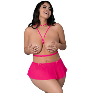 Magic Silk Pink Kink Harness Top, Open Crotch Skirt Panty & Choker