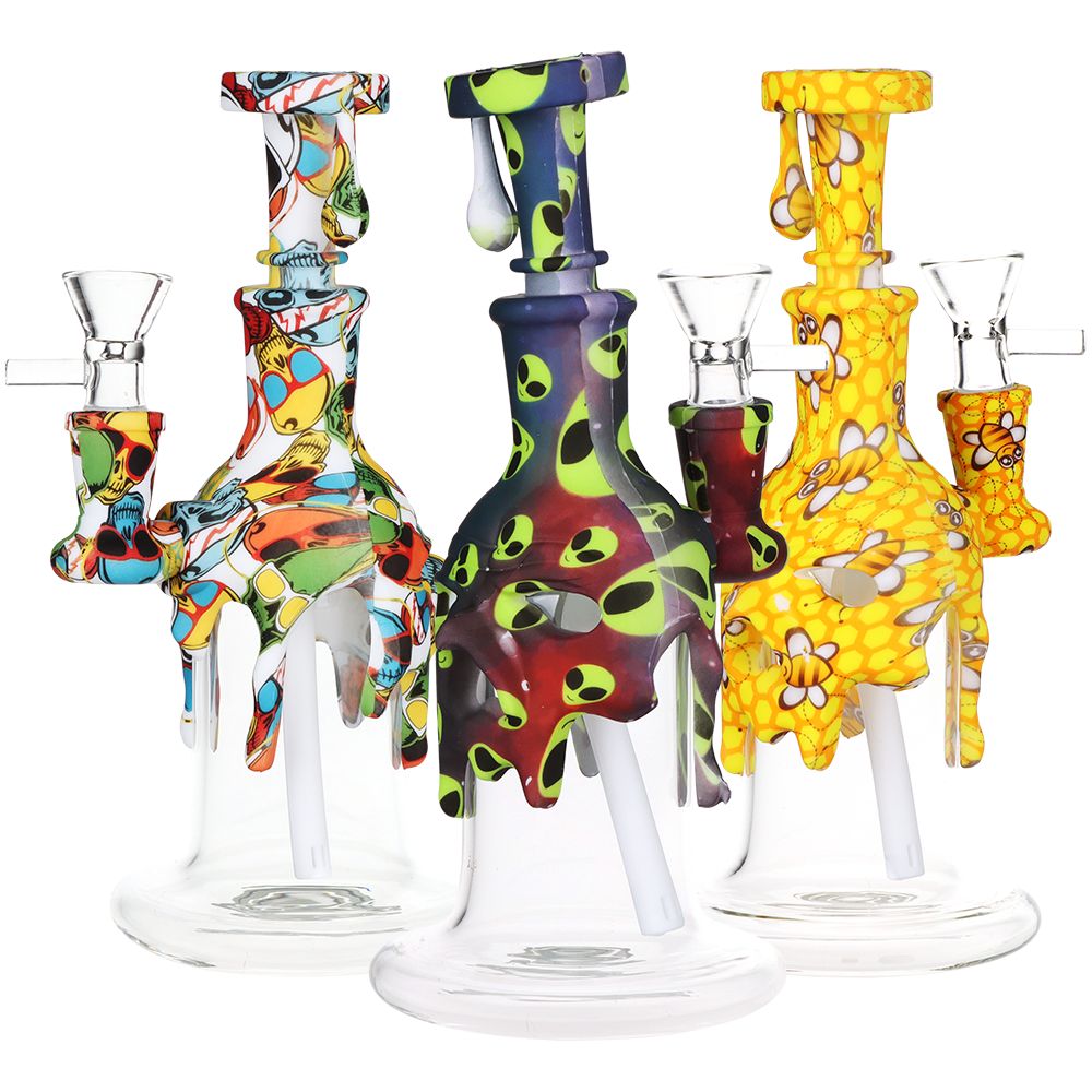 Masked Silicone & Glass Water Pipe - 7.5" / 14mm F / Designs Vary - Horny Stoner