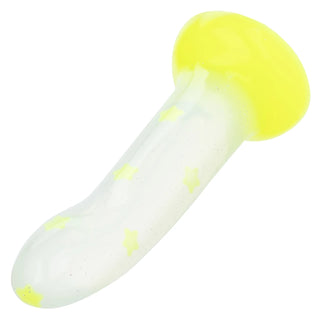 Clear Yellow Liquid Silicone Star Confetti Dildo - Angled Product View | Horny Stoner
