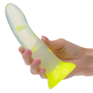 Clear Yellow Silicone Glow-in-Dark Dildo - Hand Held Size Reference | Horny Stoner