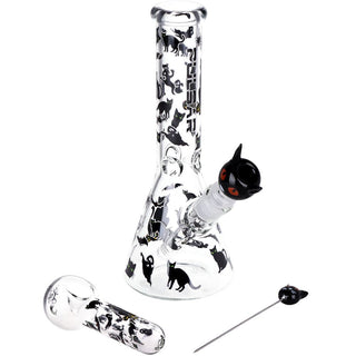 Pulsar Superstitious Kitty GLOW Glass Herb Pipe Duo - 9.75" / 14mm F