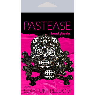 Pastease Glitter Candy Skull & Crossbones Pasties Black - Horny Stoner