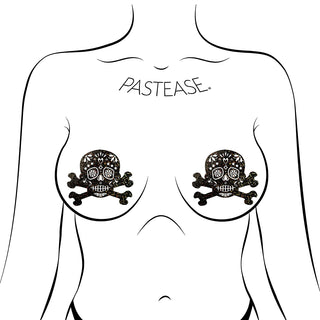 Pastease Glitter Candy Skull & Crossbones Pasties Black - Horny Stoner