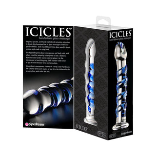 Icicles No. 5 Curved Ribbed 7 in. Glass Dildo Blue/Clear - Horny Stoner