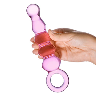 Glas 7.5 in. Quintessence Beaded Anal Slider Glass Dildo with Ring Handle - Horny Stoner