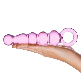 Glas 7.5 in. Quintessence Beaded Anal Slider Glass Dildo with Ring Handle - Horny Stoner
