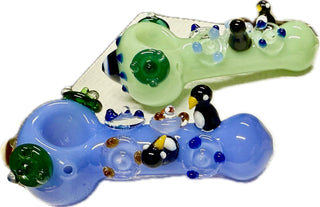 Ripkitty 4.5" Tobacco Dry Herb Hand Pipe Spoon Color Tube Glass with Penguins Art