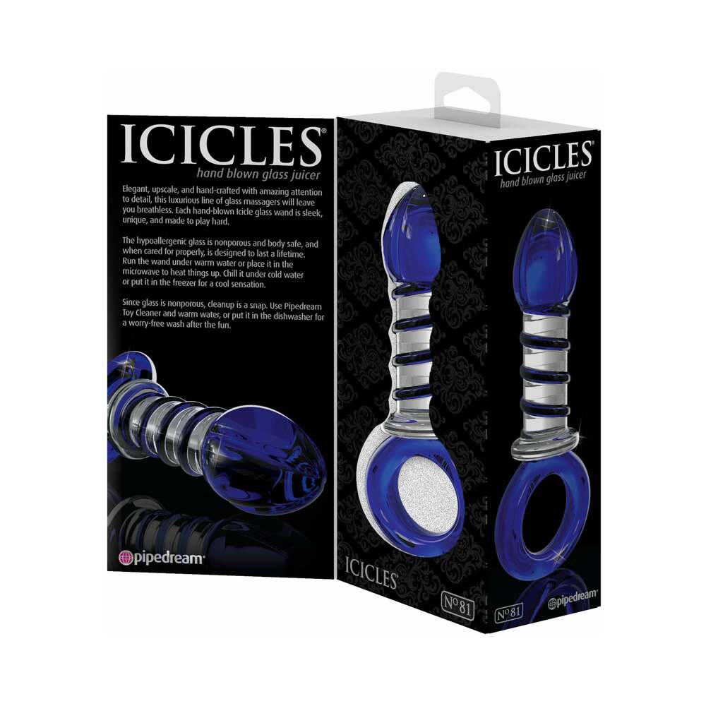 Icicles No. 81 Glass Juicer Ribbed Dildo With Handle Blue - Horny Stoner