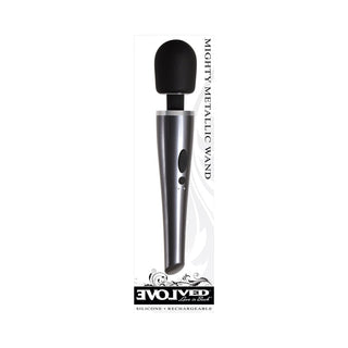 Evolved Mighty Metallic Wand Rechargeable Silicone Wand Vibrator Chrome/Black - Horny Stoner