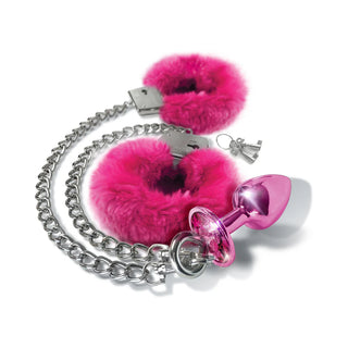 Nixie Metal Butt Plug & Attached Furry Handcuff Set Medium