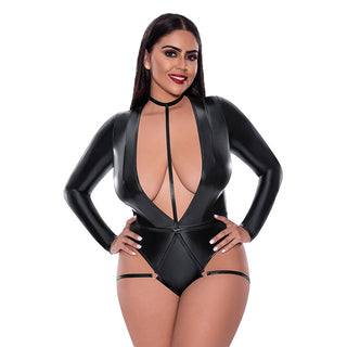 Magic Silk Liquid Onyx Long Sleeve Teddy with Harness Caging - Horny Stoner