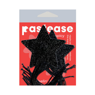 Tassel Pasties: Black Sparkle Star Pastease with Long Fringe Nipple Pasties - Horny Stoner