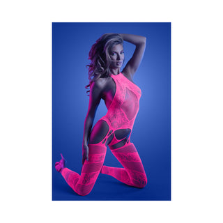 Fantasy Lingerie Glow Captivating High Neck Halter Bodystocking & G-String Set Neon Pink