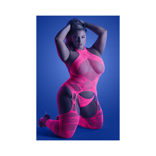 Fantasy Lingerie Glow Captivating High Neck Halter Bodystocking & G-String Set Neon Pink