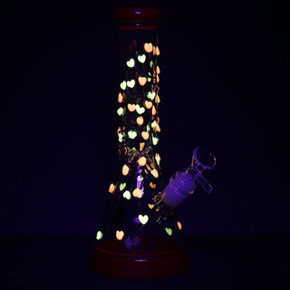 Pulsar Branching Hearts Glow in Dark Beaker Glass Water Pipe - 10" / 14mm F