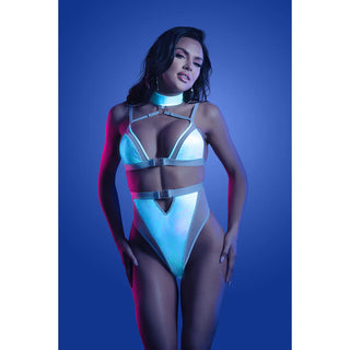 Fantasy Lingerie Glow Prismatic Iridescent Glow-in-the-Dark Cut-Out Harness Bodysuit - Horny Stoner