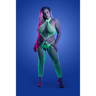 Fantasy Lingerie Glow High Voltage UV Reactive High Neck Bodystocking & G-String Panty - Horny Stoner
