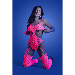 Fantasy Lingerie Glow Wavelength UV Reactive Rhinestone Fishnet Cut-Out Teddy Bodystocking - Horny Stoner