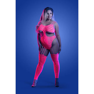 Fantasy Lingerie Glow Wavelength UV Reactive Rhinestone Fishnet Cut-Out Teddy Bodystocking - Horny Stoner