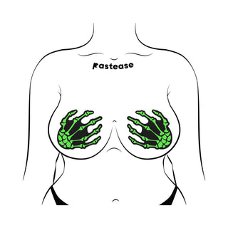 Pastease Zombie Neon Green/UV Reactive Boney Hands Nipple Pasties - Horny Stoner