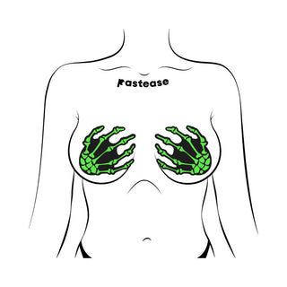 Pastease Zombie Neon Green/UV Reactive Boney Hands Nipple Pasties - Horny Stoner