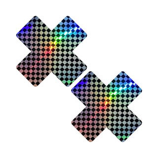 Neva Nude Talladega Trippin' Super Holographic Checkered X Nipple Pasties - Horny Stoner