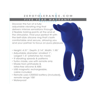 Zero Tolerance Adjustable Vibrating Cock Ring with Remote - Rechargeable Silicone in Blue
