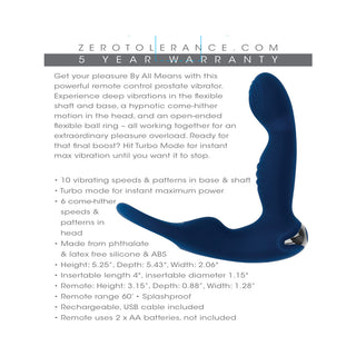 Zero Tolerance By All Means Rechargeable Prostate Vibrator with Remote - Silicone Blue