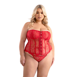 Fantasy Lingerie Eyelash Lace Corset with Busk Front, Lace-Up Back & Matching G-String Panty - Horny Stoner