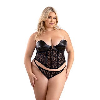 Fantasy Lingerie Leather Look and Lace Underwire Corset with Matching G-String Panty - Horny Stoner