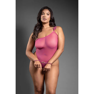 Fantasy Lingerie Domina One-Shoulder Mesh Teddy & Matching Rope Cuffs; Gold Hardware - Horny Stoner