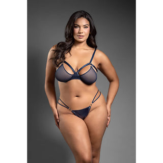 Fantasy Lingerie Domina Metallic Cage Bra with Openable Mesh Cups & Crotchless Panty - Horny Stoner