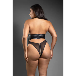 Fantasy Lingerie Domina Faux Leather Corset Mesh Teddy with Zipper Halter & Front To Back Zipper - Horny Stoner