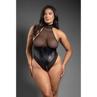 Fantasy Lingerie Domina Faux Leather Corset Mesh Teddy with Zipper Halter & Front To Back Zipper - Horny Stoner