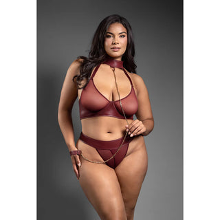 Fantasy Lingerie Domina Embossed Faux Leather Convertible Bra with Chain Leash & Open Panty - Horny Stoner