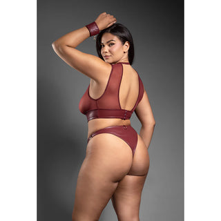 Fantasy Lingerie Domina Embossed Faux Leather Cut-Out Top & Crotchless Panty with Handcuffs - Horny Stoner