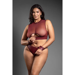 Fantasy Lingerie Domina Embossed Faux Leather Cut-Out Top & Crotchless Panty with Handcuffs - Horny Stoner