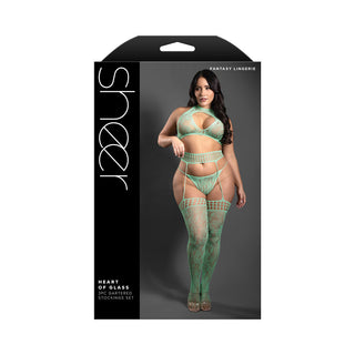 Fantasy Lingerie Sheer Heart Of Glass Lace Knit Halter Tie Top, G-String & Gartered Stockings Seaglass Green