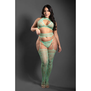 Fantasy Lingerie Sheer Heart Of Glass Lace Knit Halter Tie Top, G-String & Gartered Stockings Seaglass Green